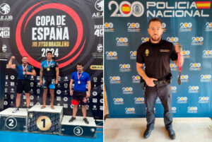 El policía destinado en Ceuta, en el podio de la Copa de España y posando con su medalla de plata 