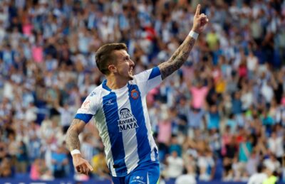Salvi Sánchez celebra un gol con el Espanyol