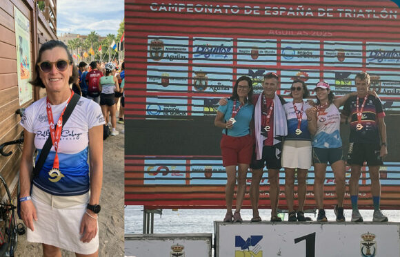 Susana Román posa con su medalla de oro. A la derecha, en el podio de su grupo de edad